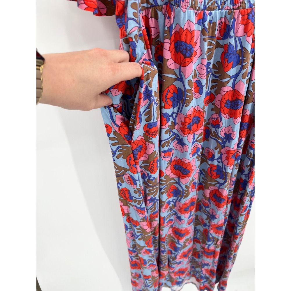 Boden Amelie Jersey Midi Dress Blue Red Floral Flutter Sleeve Pockets US 10R - Picture 6 of 9